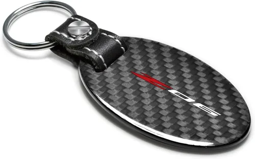 Miniatura 2 de iPick Image Para Chevrolet Corvette C8 Z06 negro de fibra de carbono real forma ovalada con correa de cuero negro llavero llavero, licencia