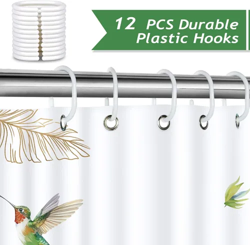 Miniatura 3 de Bonhause Cortina de ducha de colibríes, hojas de palmera tropicales verdes, decoración de baño, 72 x 72 pulgadas, tela de poliéster impermeable