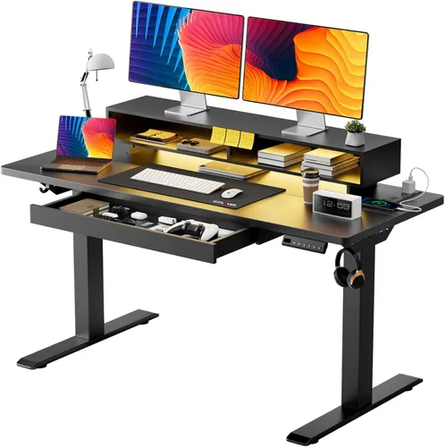 GTPLAYER Escritorio eléctrico de pie con cajones, escritorio de juegos ajustable de altura de 48 x 24 pulgadas con soporte para monitor, tomas de