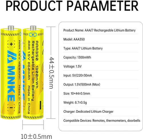 Miniatura 3 de 4 pilas de litio recargables AAA de 1.5 V1300 mWh, alta capacidad, más de 1000 ciclos, ciclo duradero de larga duración