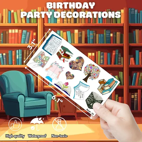 Miniatura 4 de (96 PCS) Libro de lectura Tatuajes temporales para niños, lindo nerd Bookish Calcomanías de recompensas escolares, suministros para fiestas