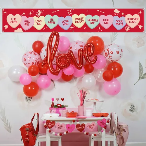 Miniatura 6 de Cartel del día de San Valentín de 120 x 20 pulgadas, decoración al aire libre, letrero de San Valentín, corazones rosados, gnomos, suministros