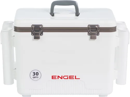 Engel UC30 30qt a prueba de fugas, hermético, hielera de pesca con portacañas integrados, también es la lonchera de carcasa dura perfecta para Blanco