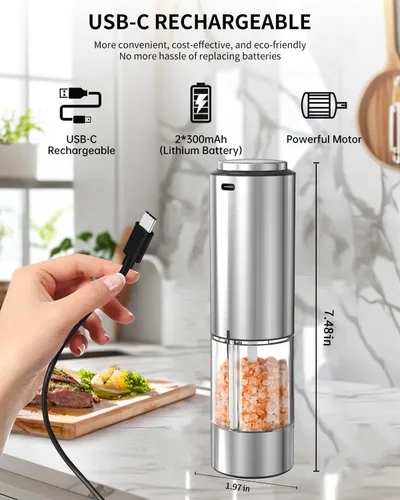 Miniatura 3 de CIRCLE JOY Molinillo Eléctrico de Pimienta de Acero Inoxidable Recargable Molinillo de Pimienta con Grosor Ajustable Externo, Contenedor de 95ml