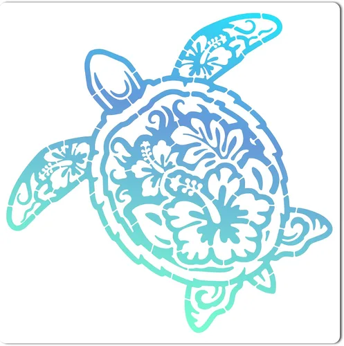 GORGECRAFT Plantilla de tortuga marina hueca de 11.8 x 11.8 pulgadas, plantillas de pintura de flores de hibisco de animales oceánicos, plantillas