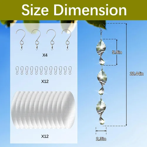 Miniatura 2 de 12 piezas de disuasores de aves de acero inoxidable para exteriores, giradores de viento 3D para exteriores, juego de discos espantapájaros