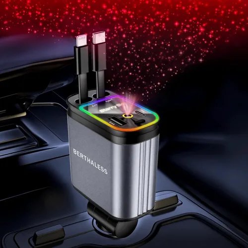 Miniatura 4 de BERTHALESS Cargador de coche retráctil para papá, carga rápida 4 en 1 con USB-C y USB-A, compatible con iPhone 17/16/15/14/13/12/11, Galaxy, Pixel