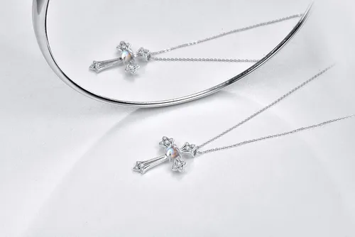 Miniatura 3 de PRAYMOS - Collar de plata de ley 925 con dije de cruz lateral, para mujer, ópalo sintético, cadena de 18 pulgadas y extensor ajustable de 2 pulgadas