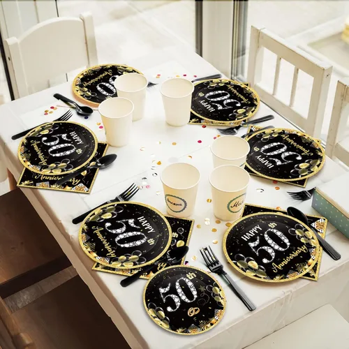 Miniatura 6 de 96 Piezas Platos de Papel Servilletas Tenedores para Fiesta de 50 Aniversario Empleado Carrera Boda 50 Aniversario Oro Negro Vajilla Desechable