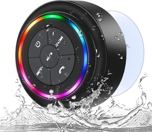 Altavoz de ducha Bluetooth impermeable IP67, mini altavoz inalámbrico pequeño Bluetooth, altavoz portátil con ventosa, LED y micrófono para baño,