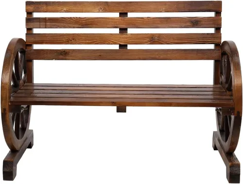 Miniatura 6 de Outvita Banco de ruedas de madera para carro, muebles rústicos de salón al aire libre, banco de asiento para 2 personas con respaldo y listones