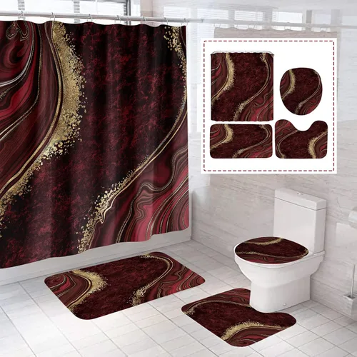 Miniatura 8 de Juego de 4 cortinas de ducha de mármol de lujo, juegos de baño con cortina de ducha, alfombra de tapa de inodoro, tapete de baño y tapete