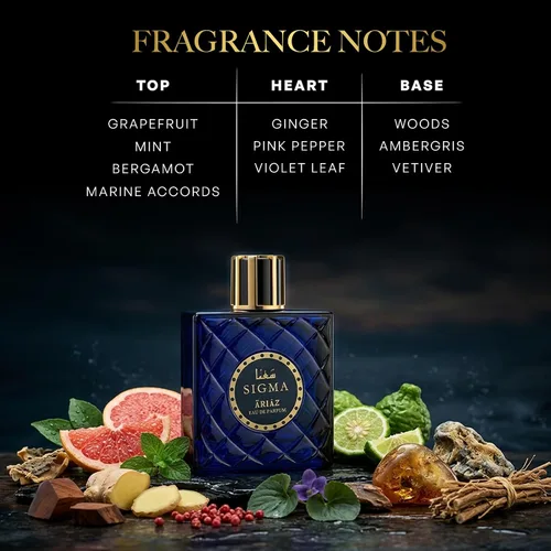 Miniatura 6 de ARIAZ Sigma Eau De Parfum para hombre, energía acuática transparente mezclada con ralladura de cítricos frescos de pomelo, menta, jengibre, notas