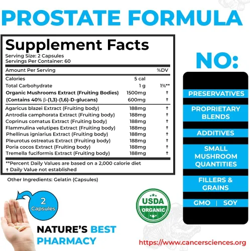 Miniatura 7 de Suplementos de bienestar prostático Cancer Sciences para hombres, extracto de hongos orgánicos certificados por USDA, extra fuerte 1,500 mg, alta