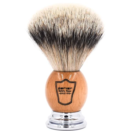 Miniatura 7 de Brocha de afeitar Parker Safety Razor con cerdas 100 % de pelo de tejón plata y mango de imitación de cuerno, con soporte incluido.