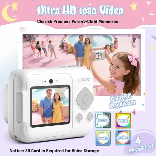 Miniatura 4 de Cámara para niños, cámara de impresión digital instantánea de 1080P para niños, regalos de Navidad y cumpleaños para niñas y niños de 4, 5, 6, 7, 8