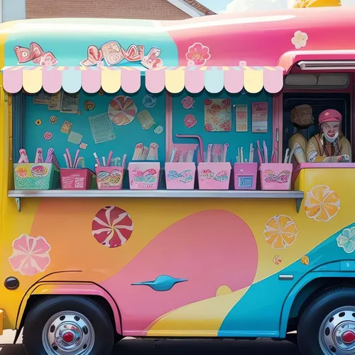 Miniatura 6 de 4 piezas de decoración de toldo 3D para decoración de pared de fiesta de mercado de agricultores, carro de helado, cabaña, fondo de pared pastel