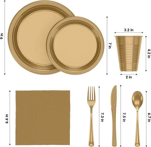Miniatura 2 de 350 Piezas Platos de Plástico Dorados Para Fiestas, Juego de Platos Desechables Dorados, 50 de Cada Juego de Platos de Cena de 9", Plato de Postre