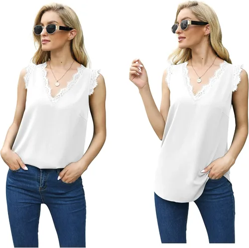 Miniatura 6 de VIISHOW - Camiseta sin mangas, sexy, con cuello en V y bordes de encaje para mujer, camisola de vestir, camisas de gasa, sin mangas, casuales