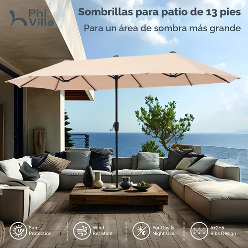Miniatura 3 de PHI VILLA Sombrilla Grande de Patio de 13 Pies de Doble Cara Gemela para Mercado Exterior con Manivela, Beige