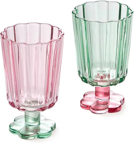 Juego de 2 vasos altos ondulados (Rosa y Verde), Vaso estilo pétalo de flor, adecuado para jugo, helado, cócteles, postres y más.