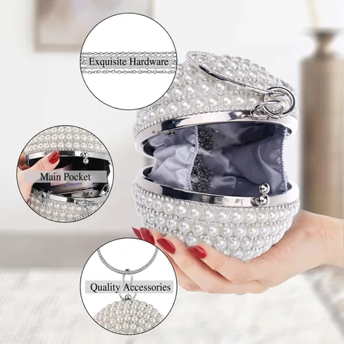 Miniatura 4 de Bolso de mano redondo para mujer, con diamantes de imitación, bolso de noche con cuentas de perlas