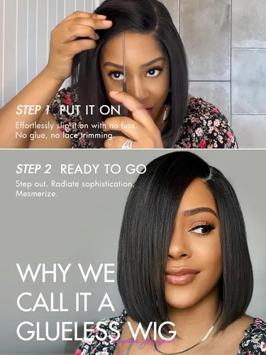 Miniatura 7 de LUVME HAIR Peluca Bob Recta Yaki Ligera de 10 Pulgadas de Cabello Humano, Pelucas Bob de Encaje HD Indetectable Sin Pegamento de Cabello Humano Pre