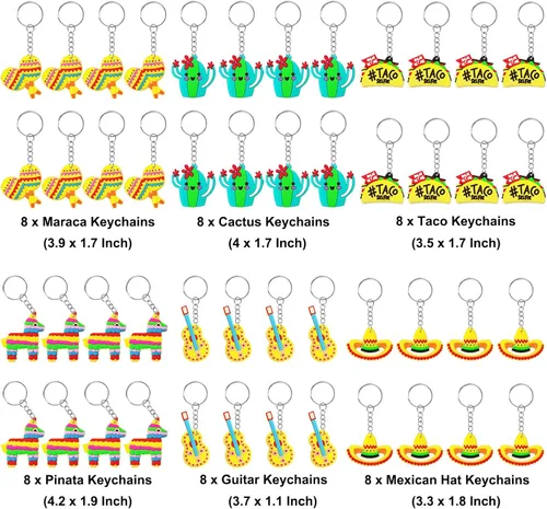 Miniatura 2 de CiciBear Paquete de 48 llaveros de devolución de fiesta mexicana con piñata, sombrero, cactus, taco, guitarra y maraca para fiestas, cinco de mayo