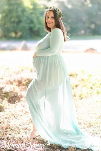 Miniatura 3 de Mommy Jennie Vestido de maternidad con hombros descubiertos, manga larga, frente dividido, vestido de gasa para sesión de fotos