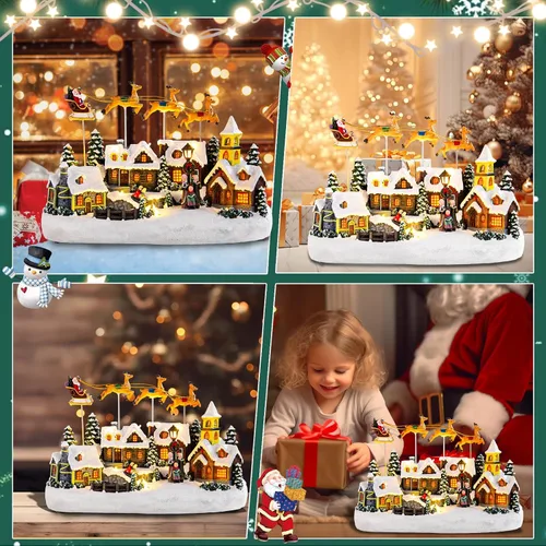 Miniatura 5 de Bdor - Decoración Navideña Iluminada con Música, Diseño de Pueblo Navideño, Figura Coleccionable de Papá Noel y Ciervo, Funciona