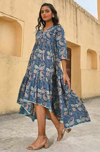Miniatura 3 de Janasya Vestido indio de algodón verde azulado con estampado floral para mujer