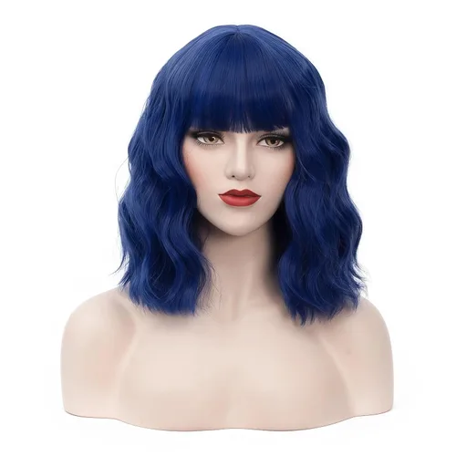 Miniatura 26 de BUFASHION Peluca rizada corta ondulada de 14 pulgadas para mujer, peluca sintética para cosplay, Halloween, peluca con flequillo lateral (negro)