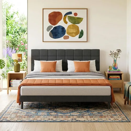 Miniatura 12 de PayLessHere Base de cama tapizada de plataforma completa con cabecera de tela y soporte de listones de madera, totalmente tapizado, no necesita Gris
