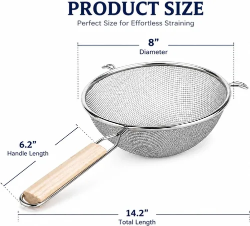 Miniatura 5 de Huji® Colador de malla fina de acero inoxidable con asa, para cocina, comida, arroz, vegetales, 8", Plateado
