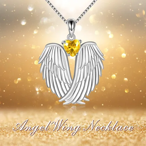 Miniatura 5 de YFN Collar de alas de ángel de plata de ley 925 con colgante de alas de ángel de la guarda, collar de piedra natal para mujeres y niñas, regalos