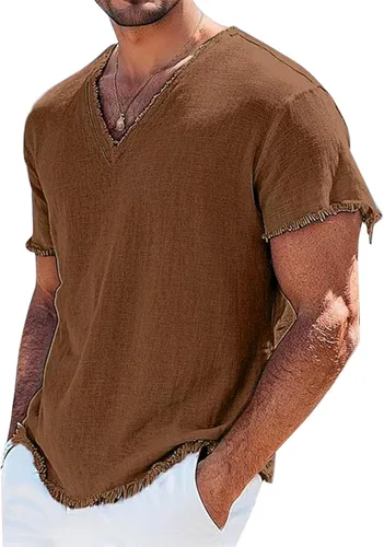 Miniatura 18 de Mens Cotton Linen Short Sleeve Shirts Retro Frayed Casual V-Neck Beach Hippie Tshirts Lightweight Summer Resort Tops
