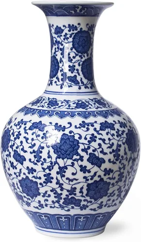 Miniatura 12 de Dahlia Jarrón azul y blanco, florero de porcelana china hecho a mano, montaña celestial, forma de rouleau de 14 pulgadas