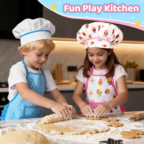 Miniatura 5 de Juego de 2 piezas de delantal y gorro de chef para niños, atuendo ajustable de cocina y horneado para niños, disfraz de juego de rol para niños de 3