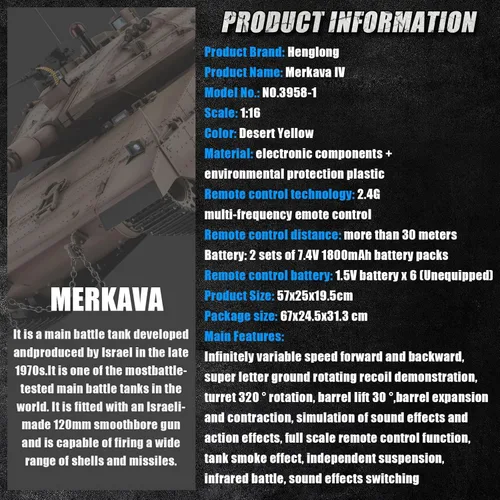 Miniatura 8 de BESTYMXY Tanque RC HengLong IDF MERKAVA MKIV, tanque de batalla principal Merkava 1:16 modelo MK4, vehículos de control remoto de 2.4 GHz con sonido