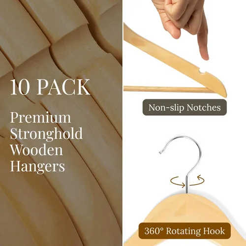 Miniatura 2 de Perchas de madera para ropa, paquete de 10 perchas de madera natural, ranuras y muescas antideslizantes para los hombros, gancho cromado giratorio