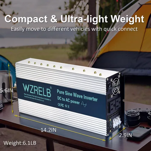 Miniatura 7 de WZRELB 2500W Inversor de onda sinusoidal pura 12V DC a 110V 120V AC con pantalla LED, terminal de cableado duro, inversor de potencia portátil fuera