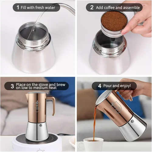 Miniatura 9 de FIAMMA & FERRO Olla italiana para moka de alta calidad, acero inoxidable de 12 tazas (20.3 fl oz), acabado PVD de cobre, compatible con inducción