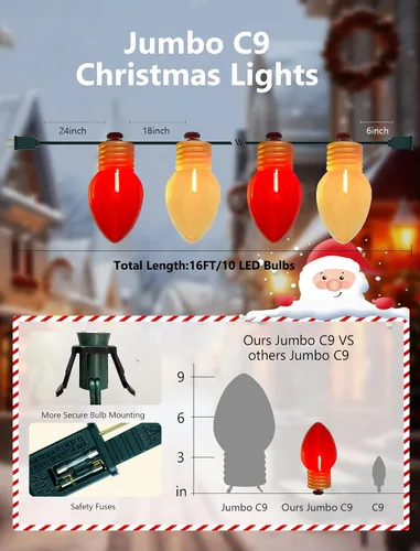 Miniatura 2 de Luces de Navidad Jumbo Rojas y Blancas de 16 Pies para Exteriores, Cadena de Bombillas LED Gigantes de Navidad para Árbol, Porche, Patio y Valla