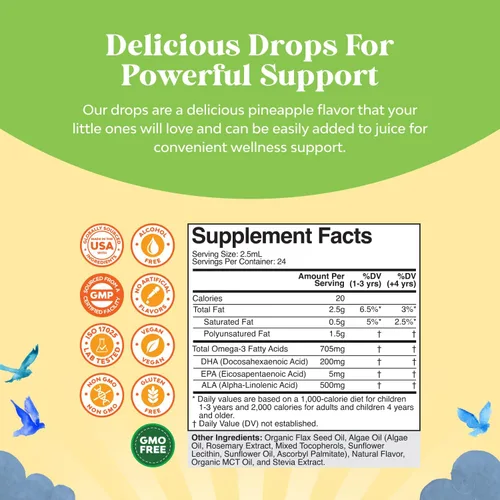 Miniatura 7 de Gotas de DHA Omega 3 para niños - Ácidos grasos Omega 3 6 9 para cerebro, sistema inmunológico y visión - DHA nutricional para niños para un sistema