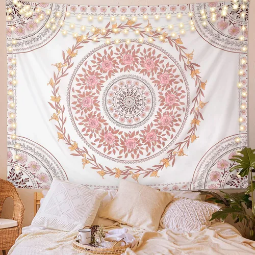 Miniatura 8 de FLY SPRAY Tapiz estético de mandala, tapices bohemios para colgar en la pared, tapiz de medallón floral de rosa oscura, arte de pared bohemio