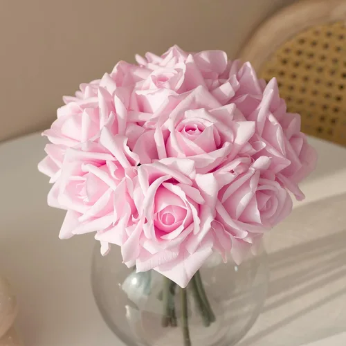 DUYONE Rosas artificiales de un solo tallo 10 piezas de arreglo floral de seda falsa para decoración del hogar, fiesta, boda (rosa claro)
