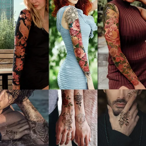 Miniatura 3 de 46 hojas de tatuaje temporal de brazo completo para mujeres con peonía, pájaro, margarita, rosa, medio brazo, flores, crisantemo, tatuajes
