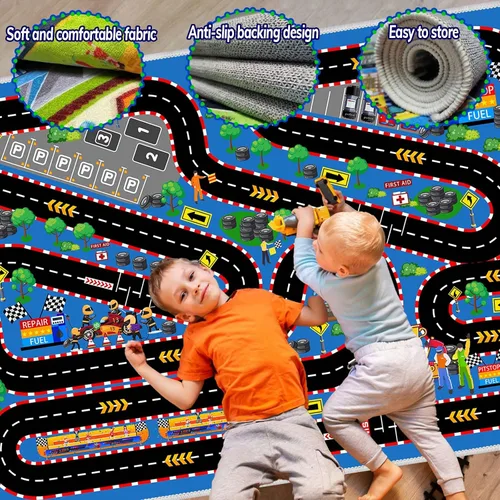 Miniatura 3 de Alfombra de coche para niños para autos de juguete, alfombra de pista de carreras, alfombra de carretera para sala de juegos, aula, habitación
