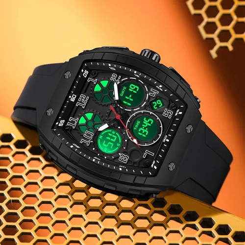 Miniatura 2 de Relojes para hombre, únicos rectángulos, reloj de pulsera blanco con pantalla digital analógica de doble hora, cronómetro de cuenta regresiva, Negro