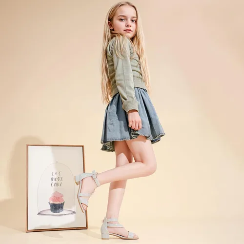 Miniatura 3 de Sandalias para niñas, tacones para niños, puntera abierta, correa al tobillo, zapatos de vestir, flores para boda, fiesta para niños pequeños